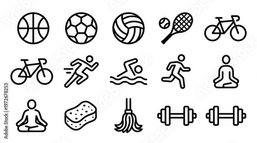 Vector Illustration of Sports Equipment and Activities Including Tennis, Cycling, Swimming, Running, Yoga, and Exercise Equipment