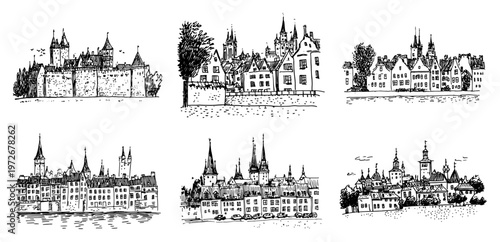 Cityscape panoramas and waterfront town views in hand drawn sketch style