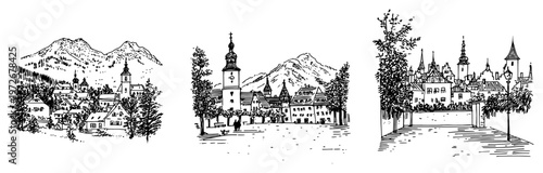 Alpine village landscapes with mountain peaks and churches in hand drawn doodle style