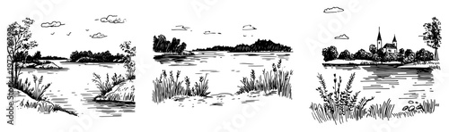 Lake landscapes with trees and small village church in hand drawn doodle style