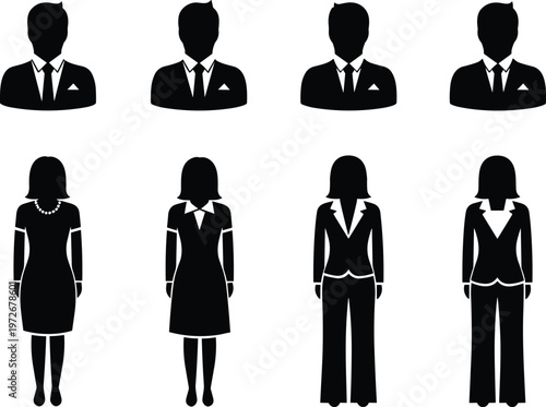 Business attire silhouettes, professional male and female figures, corporate identity, workplace diversity, office fashion, modern design, minimal art, illustration concept