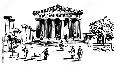 Ancient temple ruins with people walking among columns in hand drawn sketch style