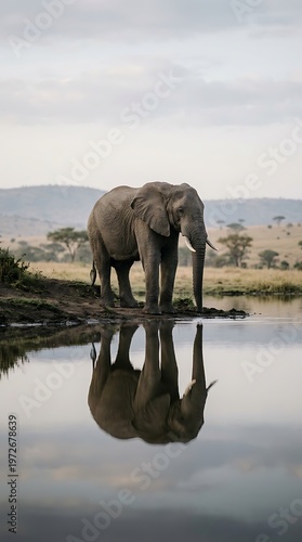 Elephant Reflection in Calm Water Minimal Scene