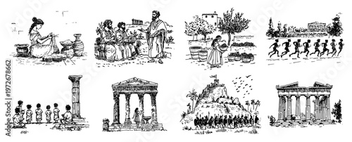 Ancient Greek daily life scenes featuring pottery making athletes and education in hand drawn doodle style