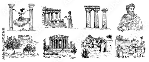 Ancient Greek cultural elements with dancer philosopher and architectural landmarks in hand drawn sketch style
