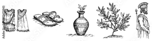 Ancient Greek clothing set with tunics sandals amphora and soldier in hand drawn sketch style