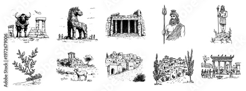 Ancient Greek landmarks and mythological figures collection in hand drawn sketch style