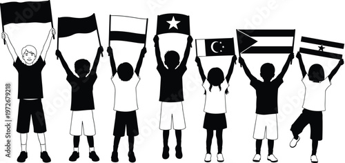 Children silhouettes, holding flags, cultural diversity, global unity, international representation, multicultural lifestyle, modern design, illustration concept, minimal art, togetherness