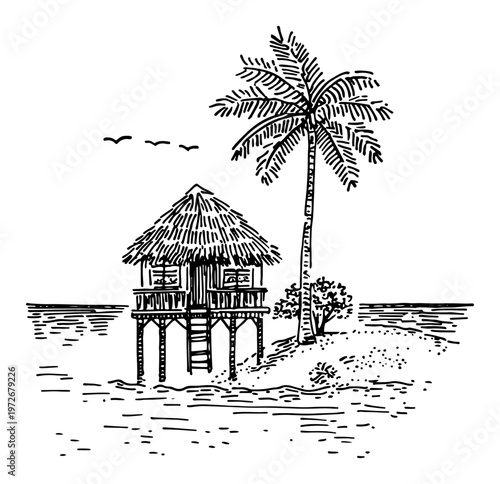 Tropical beach hut on stilts with palm tree and ocean waves in hand drawn doodle style