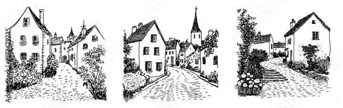 European village street scenes with historic houses and narrow paths in hand drawn sketch style