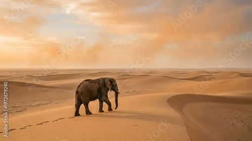 Elephant Walking Alone Minimal Desert Scene