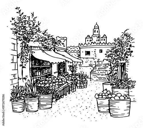 Outdoor market street with fruit baskets and historic buildings in hand drawn doodle style