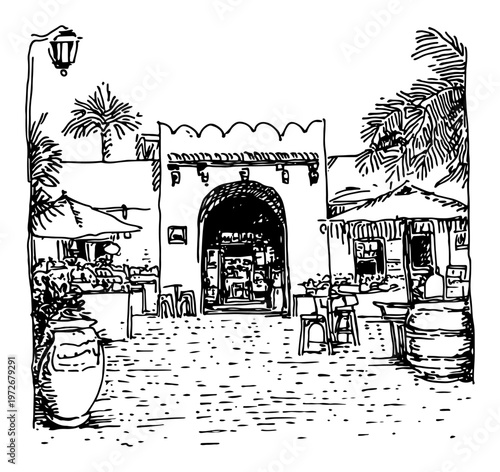 Arched entrance to a middle eastern courtyard with palm trees and cafe tables in hand drawn sketch style