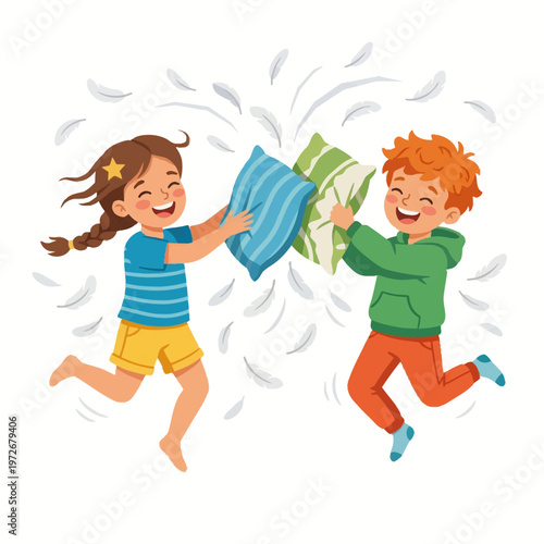 Two happy children having a playful pillow fight with soft pillows and feathers in a cozy bedroom at night.