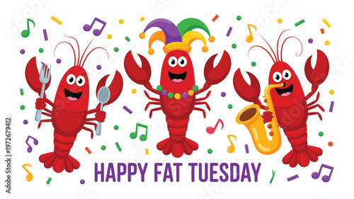 Three happy cartoon lobsters celebrating with musical notes confetti and mardi gras beads keywords celebration