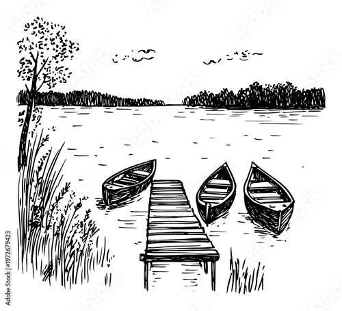 Lake landscape with wooden pier and rowboats in hand drawn sketch style