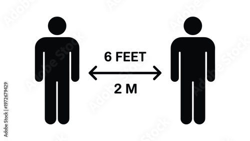 Two keywords black human figures separated by a double arrow indicating six feet and two meters social