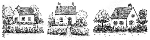 Three small cottages with gardens and trees in hand drawn engraving style