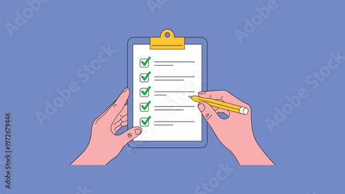 Two hands interacting with a clipboard checklist and yellow pencil on blue keywords background