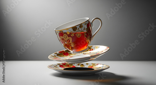 Levitation Concept of Luxury Porcelain Teacup with Red Floral Pattern and Saucers