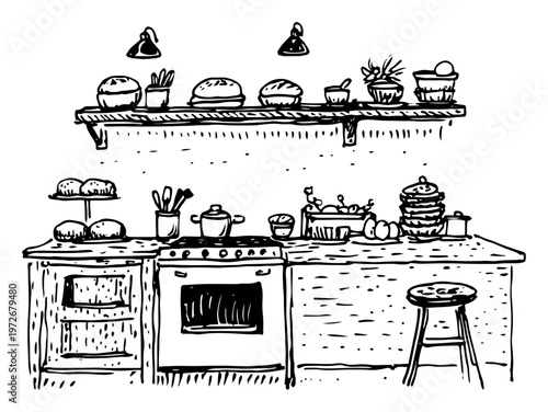 Kitchen interior with stove oven and shelves in hand drawn sketch style