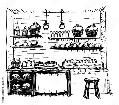 Rustic bakery kitchen with shelves of bread and pastries in sketch style