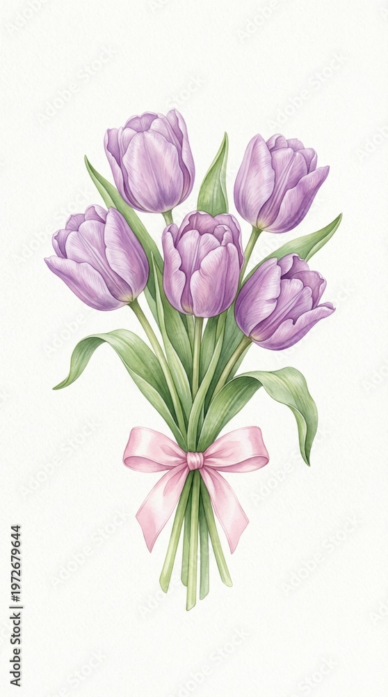 Obraz premium Bouquet of Purple Tulips with Pink Ribbon on White Background for Design Projects