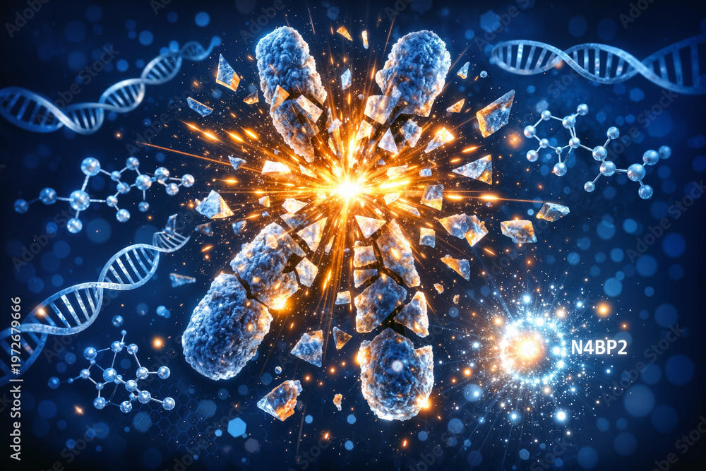 Fototapeta premium Chromothripsis chromosome shattering with glowing DNA breakthrough and N4BP2 enzyme catalyst visualization UC San Diego research molecular genetics oncology February 2026