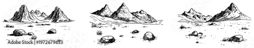 Arid desert landscape with sharp mountain peaks and scattered rocks in hand drawn sketch style