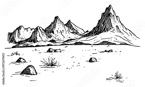 Sharp mountain peaks over flat rocky terrain in hand drawn doodle style