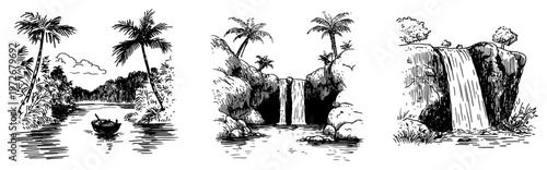 Tropical waterfalls and river scenes with palm trees in hand drawn sketch style