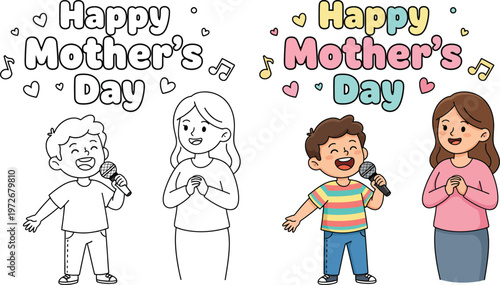 Mother’s Day child singing to mom in cute cartoon vector outline illustration style
