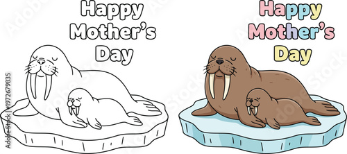 Mother’s Day walrus mom and baby resting on ice cute cartoon vector outline style