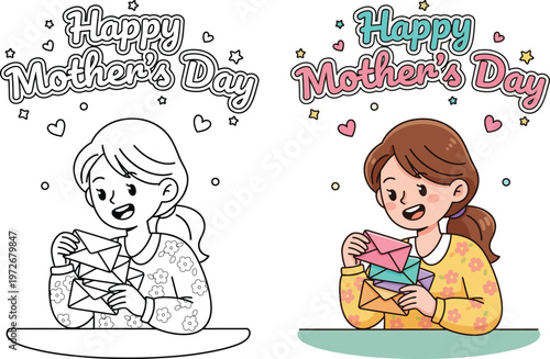 Mother’s Day girl opening letters with joyful expression cute cartoon vector style