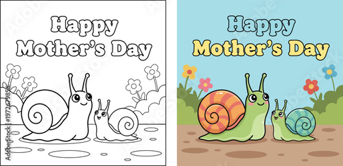 Mother’s Day snail mom with baby in garden cute cartoon vector illustration