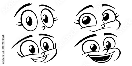 Cute cartoon faces with big eyes and expressive emotions