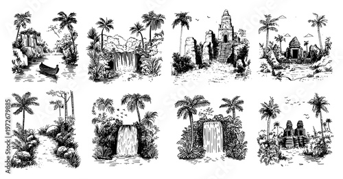 Tropical jungle scenes collection with waterfalls and ancient ruins in hand drawn engraving style
