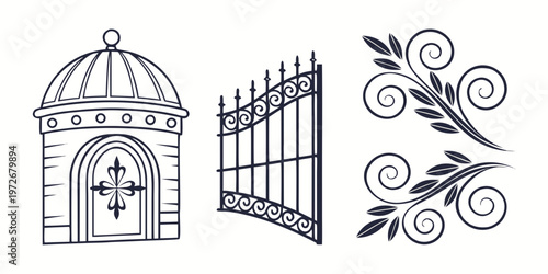 Three distinct architectural drawings of historic buildings