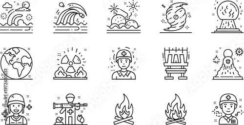 Disaster Response and Safety Icon Set with Natural Disasters, Emergency Personnel, and Risk Symbols for Environmental and Safety Designs