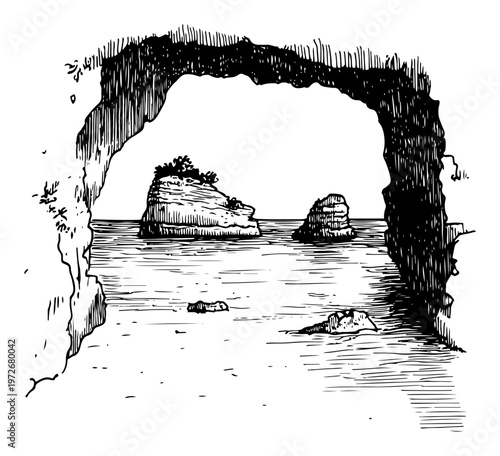Stone arch entrance overlooking rocky islands and sea in sketch style