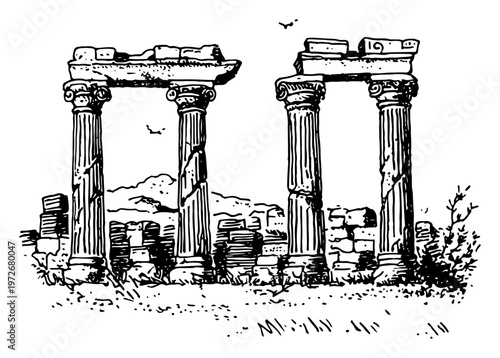 Ancient temple ruins with architectural columns and stone masonry in sketch style