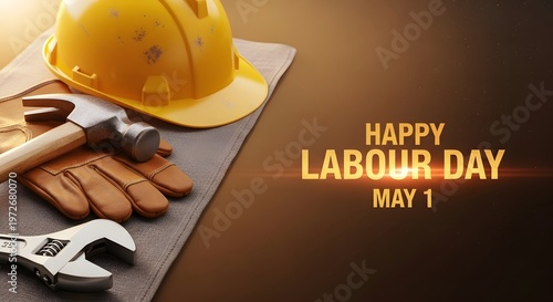 A vibrant image showcasing construction tools and safety gear celebrating labour day on may 1st high quality professional detailed modern elegant stylish