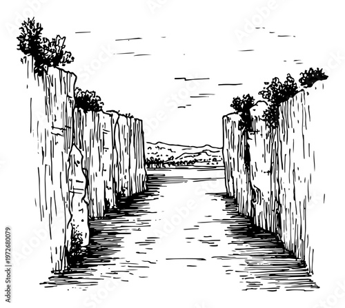 Deep canyon with high rocky cliffs and water in hand drawn ink sketch style