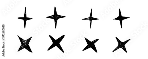 Set of Small Cross Sparkle Stars in Graffiti Tag Style with Expressive Marker Brush Stroke Isolated on Transparent Background for Urban Branding