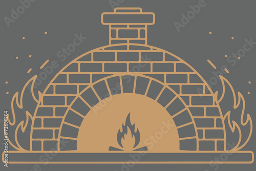 Stylized illustration of a brick oven with flames, golden brown lines on grey
