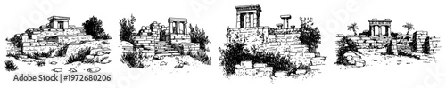 Ancient stone ruins and archaeological site remnants in hand drawn sketch style