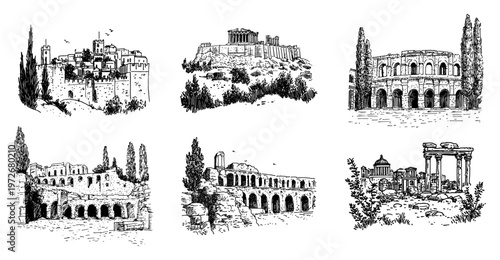 Historical landmarks and classical architecture ruins collection in hand drawn sketch style