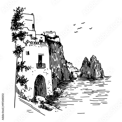 Mediterranean coastal building on a cliff by the sea in hand drawn doodle style