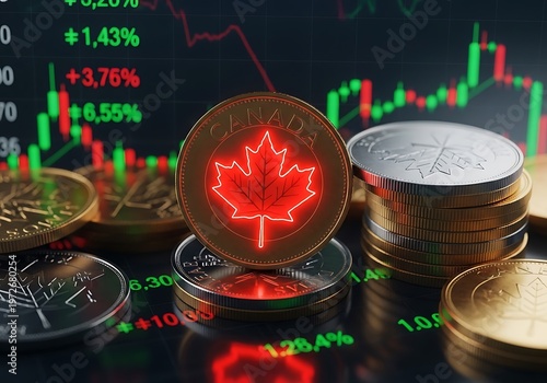 Canadian cryptocurrency growth concept with glowing maple leaf on coins and stock chart