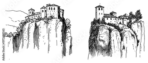 Medieval monasteries perched on high rock cliffs in hand drawn sketch style